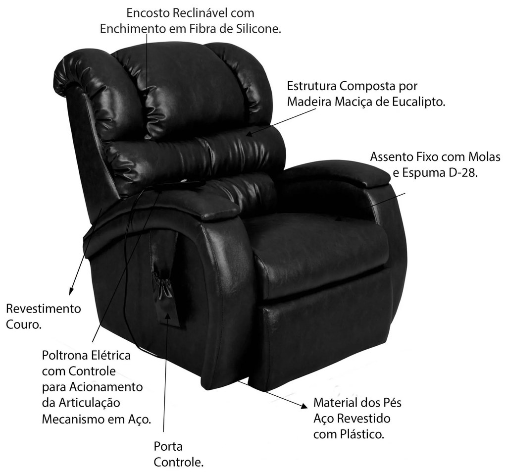 Poltrona do Papai Reclinável Elétrica com Controle Sala de Estar Oasis PU Sintético Preto Brilho G23 - Gran Belo