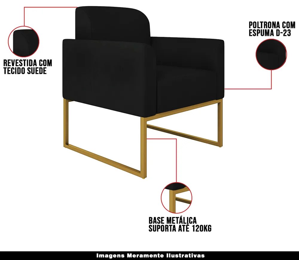 Kit 2 Poltronas Decorativas Isabella Base Industrial Suede Preto/Dourado G19
