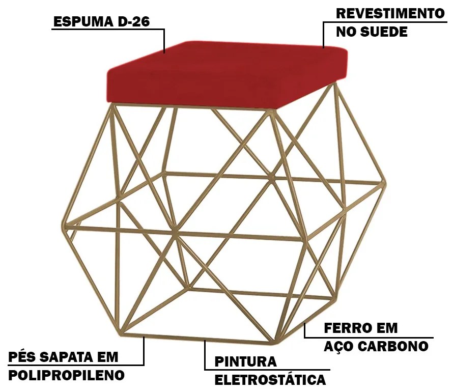 Puff Decorativo Sala de Estar Base Gold Trixie Suede Vermelho G41 - Gran Belo