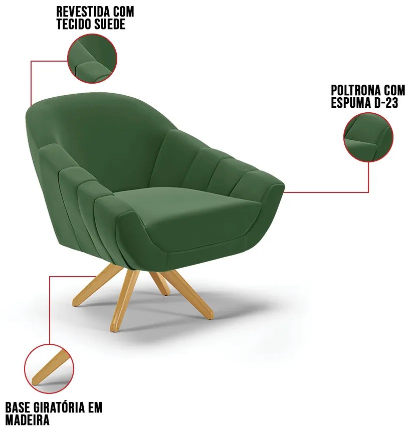 Kit 01 Namoradeira 02 Lugares e 01 Poltrona Giratória Giovana Suede Base Madeira MA30 D03 - D'Rossi - Verde