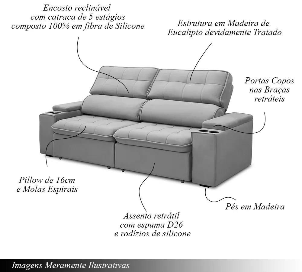 Sofá Retrátil e Reclinável 4 Lugares 250cm Zoho Porta Copos no Braço Veludo Cinza G22 - Gran Belo