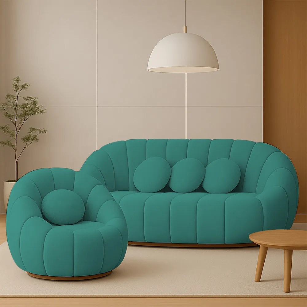 Sofá 2 Lugares com Poltrona Giratória Orgânica Cloud Bouclê E03 - D'Rossi - Azul Turquesa