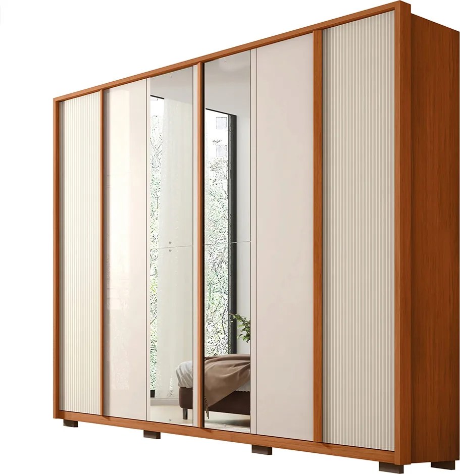 Guarda Roupa Santi Ripado com 6 Portas e 2 Espelhos 4 Gavetas em MDF Freijo/OffWhite G11 - Gran Belo