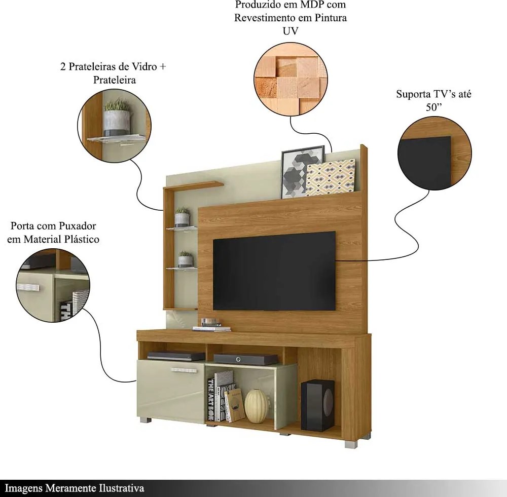 Home Theater Dedalo Prateleira em Vidro MDP até 50 Cumaru/Opala G97 - Gran Belo