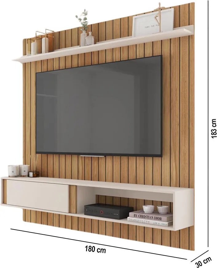 Painel TV 75 Pol 180cm Bancada Suspensa Ripado Eluni Buriti/Off White C01 - D'Rossi
