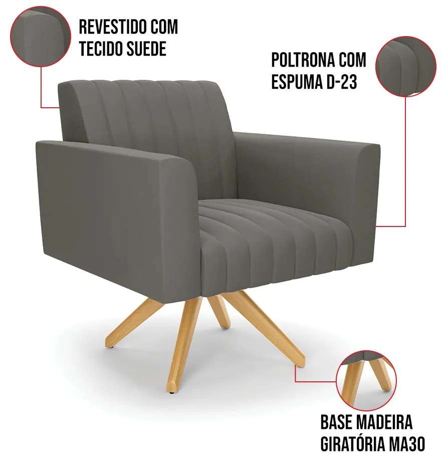 Kit 2 Poltronas Giratória Viena Gomada Suede Base de Madeira MA30 D03 - D'Rossi - Grafite