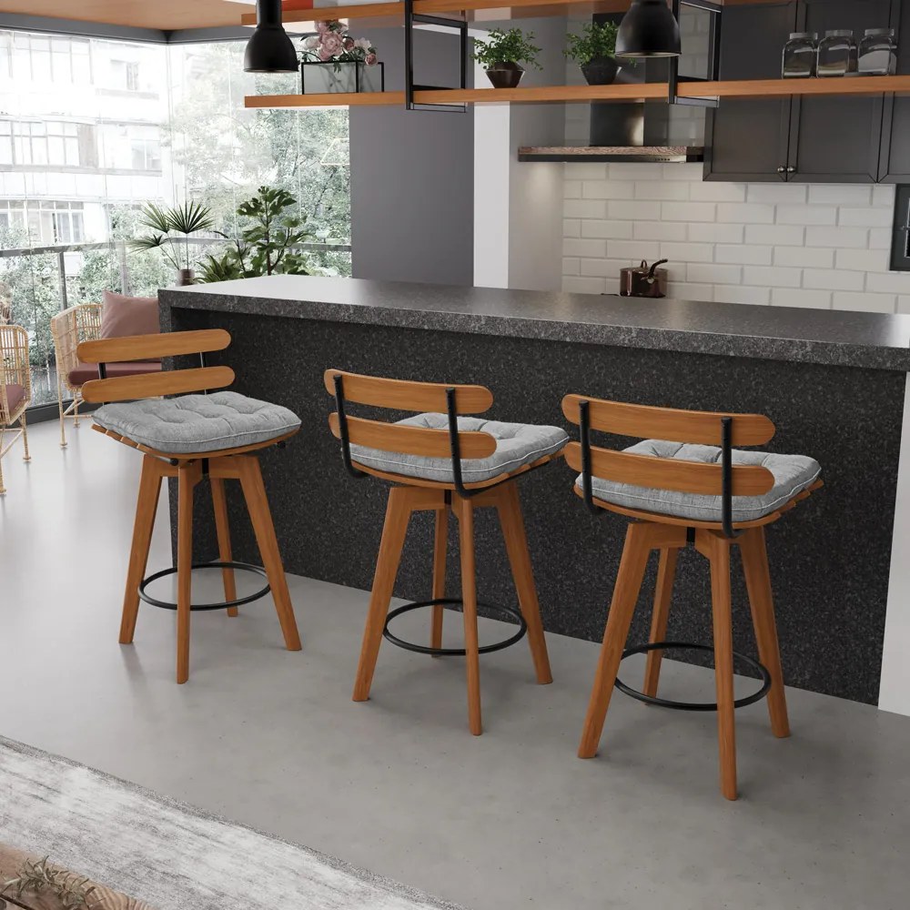 Kit 04 Banquetas Giratória Costela Linho Base Madeira MA70 J01 - D'Rossi - A32 Palha