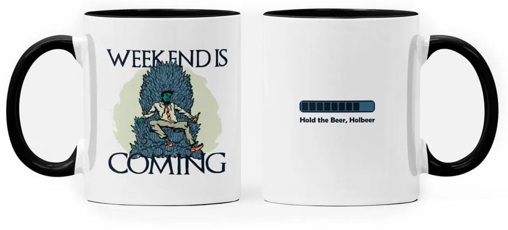 Caneca The Weekend is Coming Geek Nerd Branca com Alça Preta