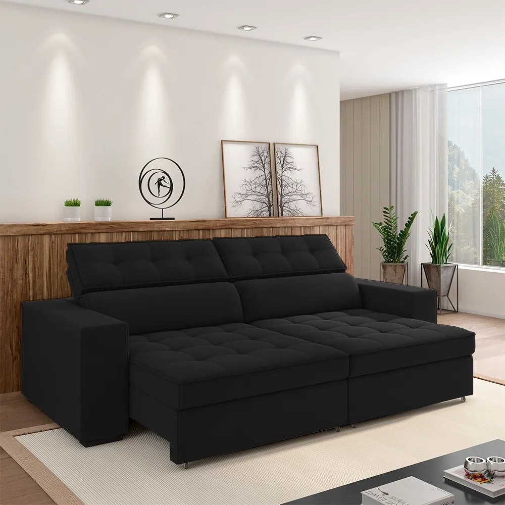 Sofá Decorativo Hugo 2 Lugares 246cm Reclinável e Retrátil Veludo Preto G45 - Gran Belo