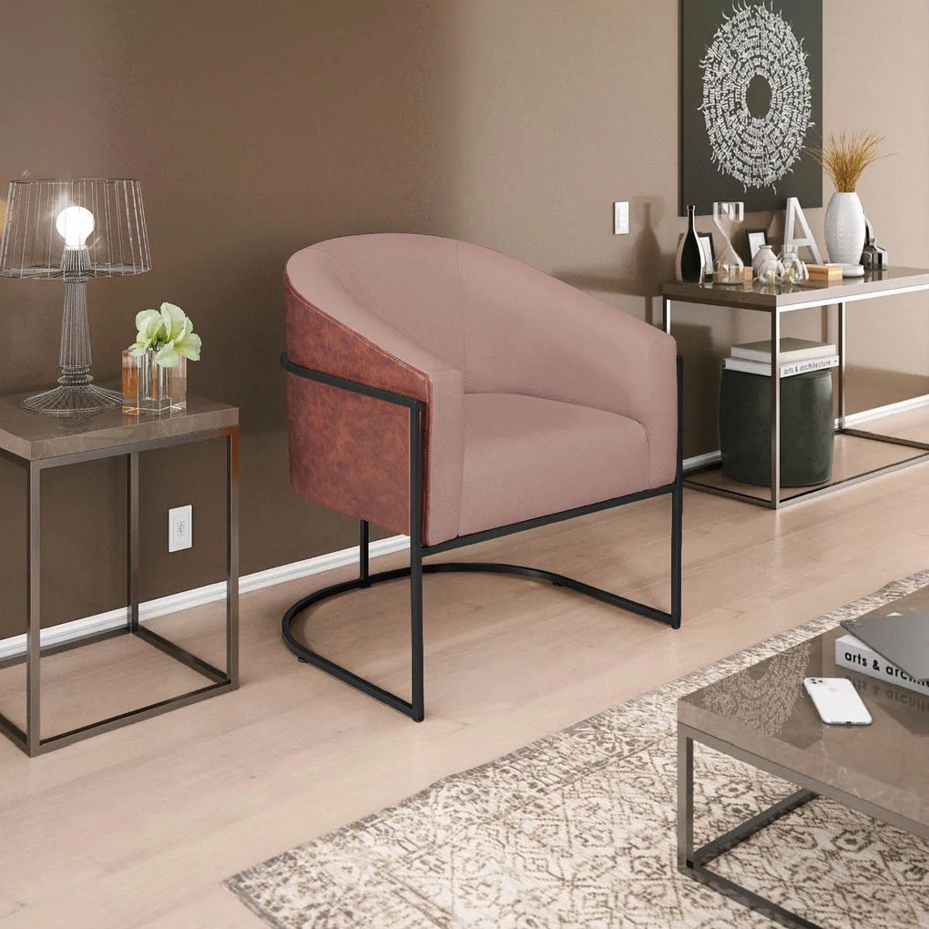 Poltrona Luiza Base de Ferro Preto Corano Nozes e Linho Rosê - ADJ Decor