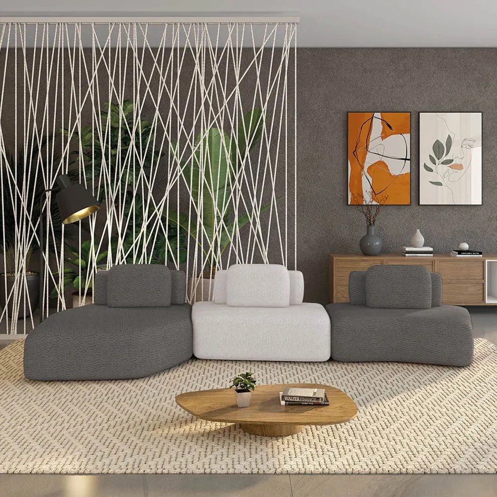 Sofá 3 Lugares Orgânico com Chaise e 2 Módulos Berlim Bouclê Grafite/Cinza Caro K01 - D'Rossi