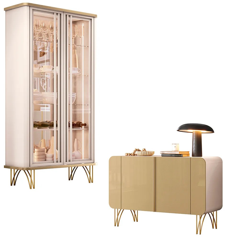 Conjunto Decorativo 1 Cristaleira e 1 Buffet Texas/Bambino Off White/Champagne G26 - Gran Belo