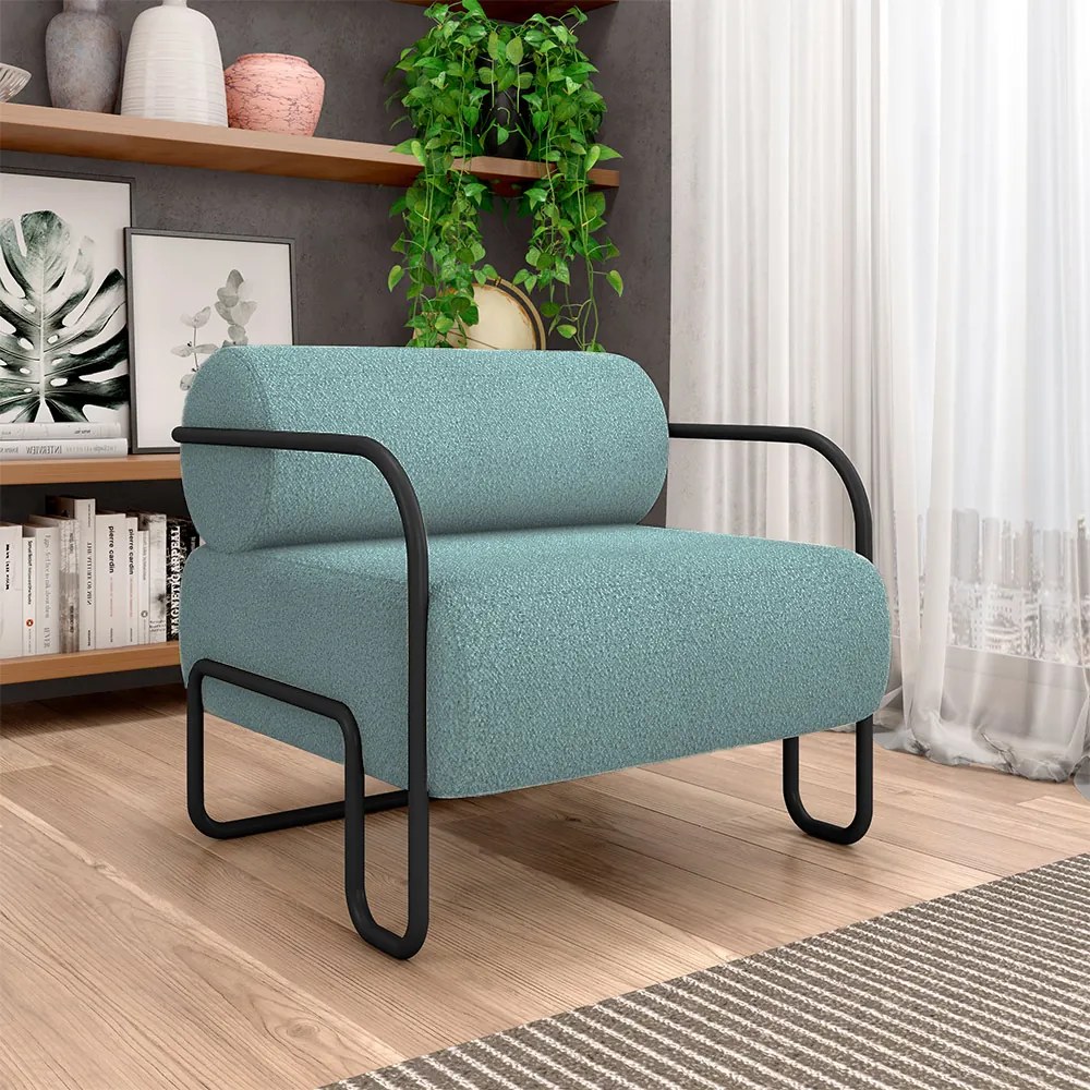 Poltrona Decorativa Sala de Estar Polatsk Base Industrial de Ferro Bouclê Azul G33 - Gran Belo