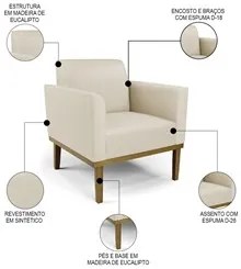 Sofá Namoradeira e 2 Poltronas Base Madeira Castanho Maressa Sintético