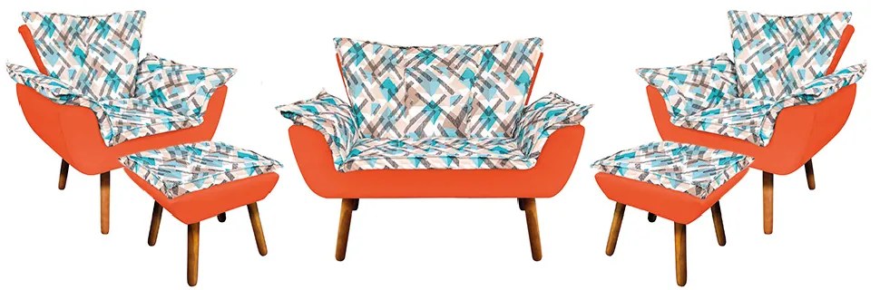Kit 01 Namoradeira com 02 Poltronas e 02 Puffs Opala Composê Suede com Estampado Traçado Azul D33 Pés Palito Castanho - Laranja