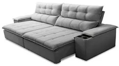 Sofá Retrátil 3 Lugares com Porta Copo 230cm Malta F05 Veludo Cinza -