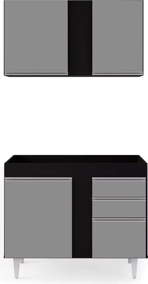 Kit Armário Aéreo e Balcão de Cozinha Lavanderia Aurora sem Tampo 100cm L06 - D'Rossi - Preto e Cinza