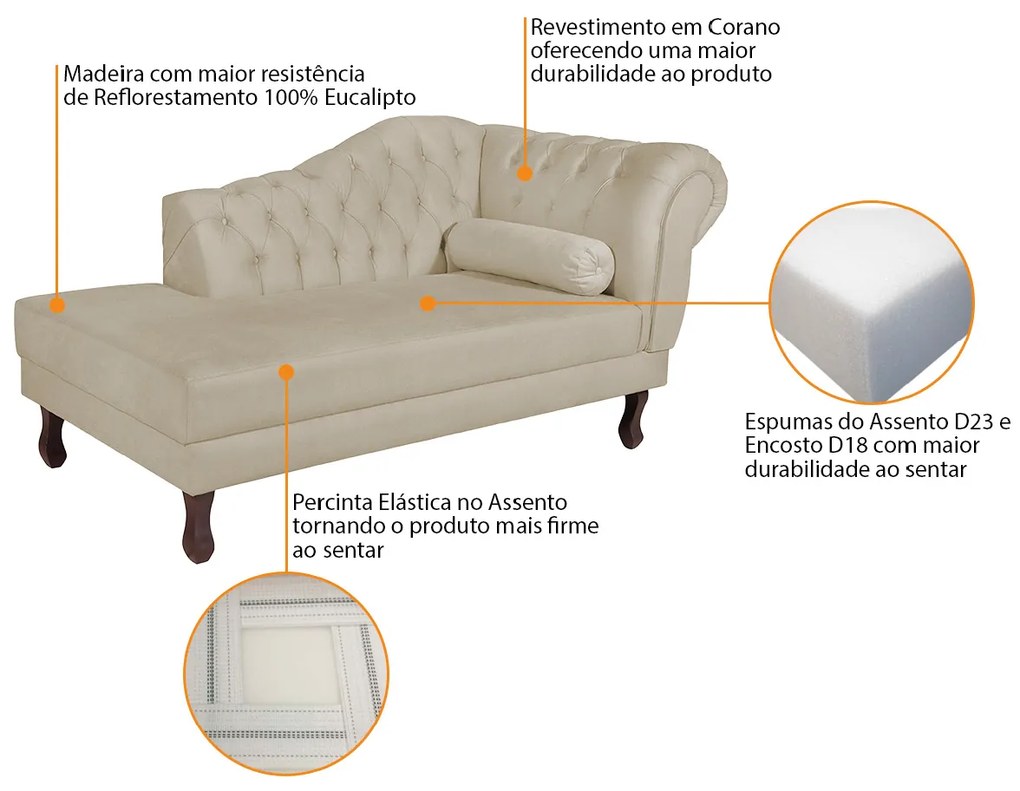 Recamier Diana 185cm Lado Esquerdo Corano Bege - ADJ Decor