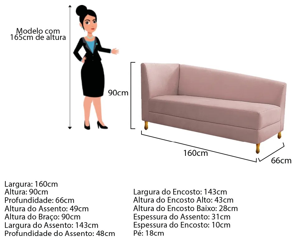 Recamier Valéria 160cm Lado Esquerdo Suede Rosê - ADJ Decor