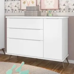 Cômoda Infantil 1 Porta 3 Gavetas 100% MDF Pés Retrô Mel Z39 Branco -
