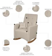 Poltrona Amamentação Base Madeira Balanço Lola Linho Bege F03 - Mpozen