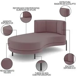 Chaise Longue Divã 164cm Braço Direito Logus D06 Veludo Rosê - Mpozena