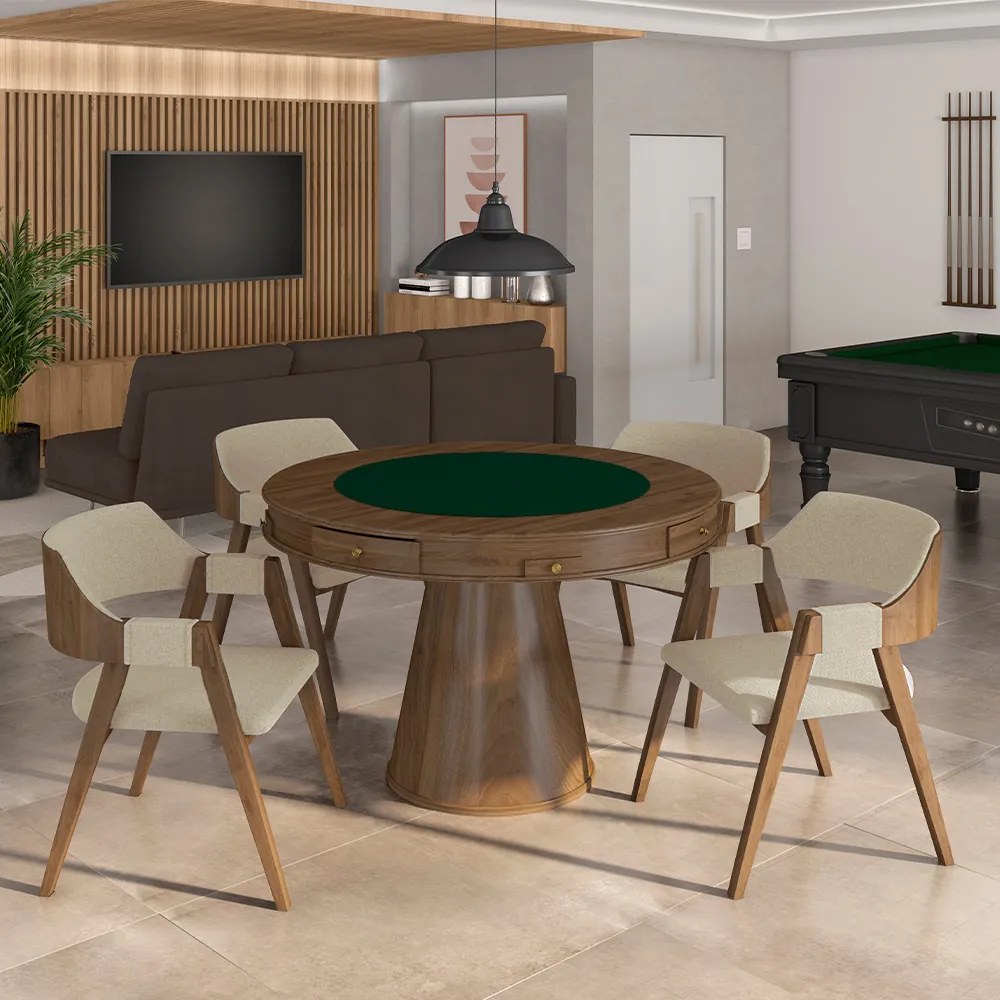 Conjunto Mesa de Jogos Carteado Bellagio Tampo Reversível Verde e 4 Cadeiras Madeira Poker Base Cone Linho OffWhite/Nogueira G42 - Gran Belo