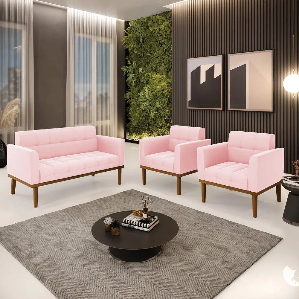 Namoradeira com 2 Poltronas Base de Madeira Castanho Elisa Suede D03 - D'Rossi - Rosa Bebê