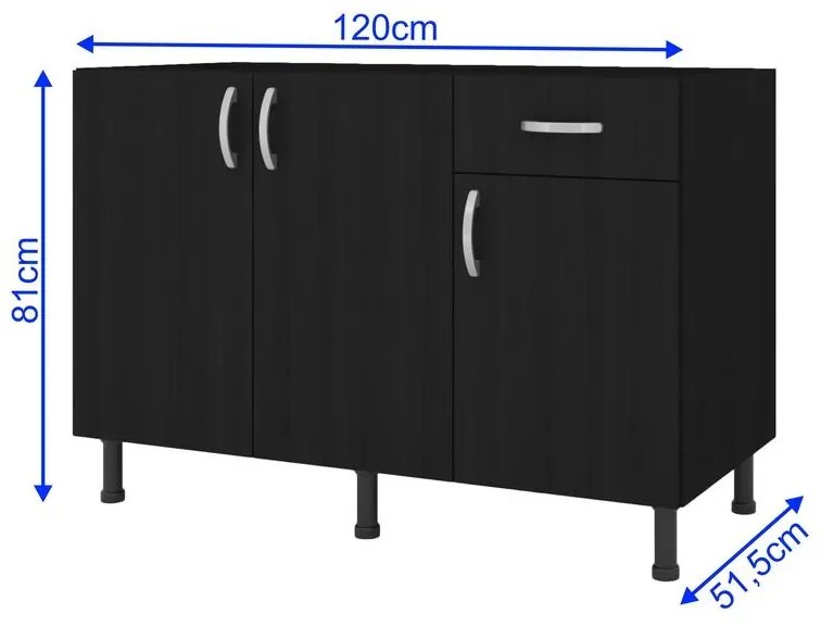 Balcão Viena Cozinha Para Pia 120cm 3 Portas 1 Gaveta Preto