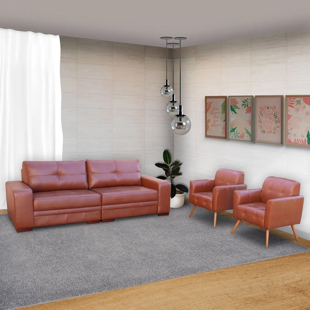 Conjunto de Sofá 4 Lugares Bipartido 260cm com 2 Poltronas Bia/Milano Couro Caramelo G58 - Gran Belo