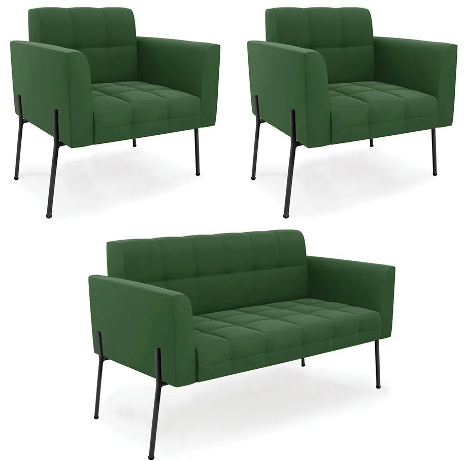 Sofá Namoradeira e 2 Poltronas Pé de Ferro Preto Elisa Suede D03 - D'Rossi - Verde