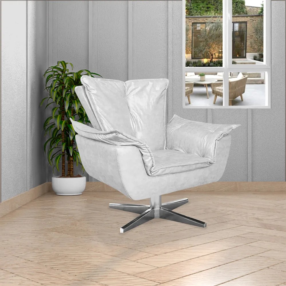Poltrona Decorativa Base Giratória Cromada Charger PU Branco G19 - Gran Belo