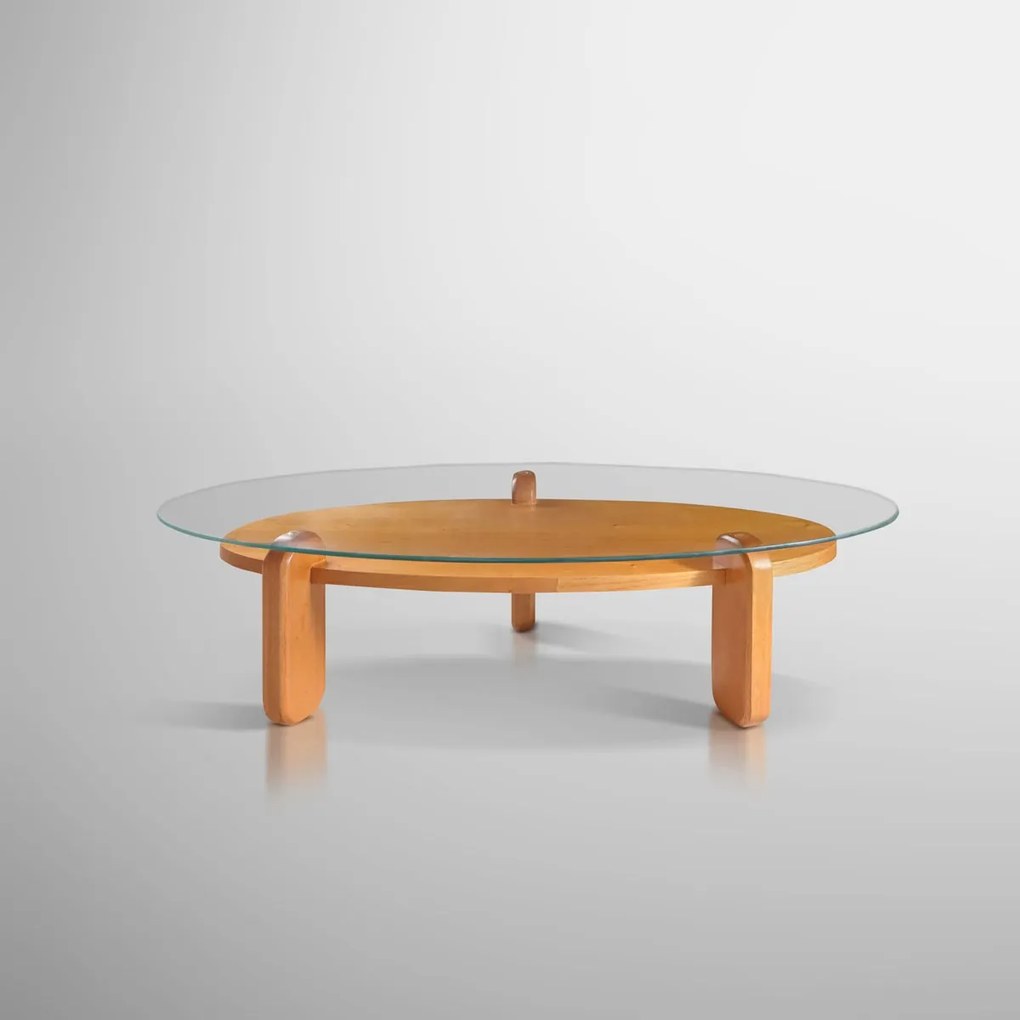 Mesa de Centro Spectra Design Oval Tampo Vidro e Lâmina Madeira Pés Madeira Maciça Reflorestada