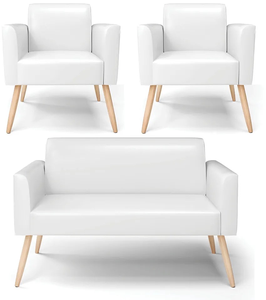 Sofá Namoradeira com 2 Poltronas Pés Palito Natural Marisa Corano D03 - D'Rossi - Branco