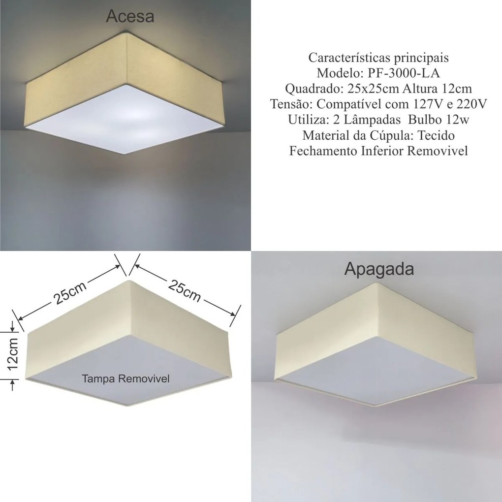 Plafon Quadrado Md-3000 Cúpula em Tecido 25x25X12cm Algodão Crú - Bivolt