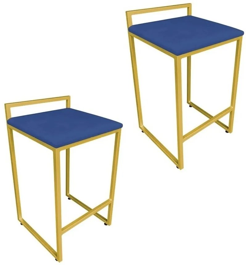 Conjunto 02 Banquetas Pietra Suede Base Dourado D03 - D'Rossi - Azul royal