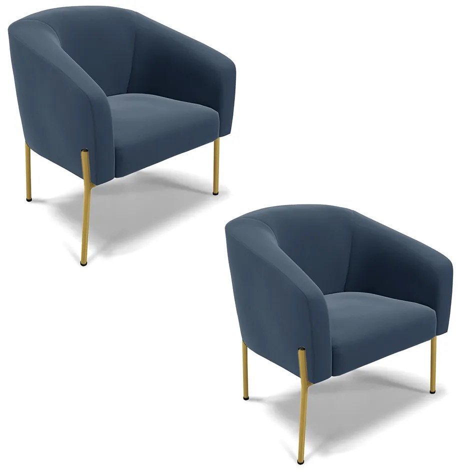 Poltrona Decorativa Pé de Ferro Dourado Kit 2 Stella Suede D03 - D'Rossi - Azul Marinho