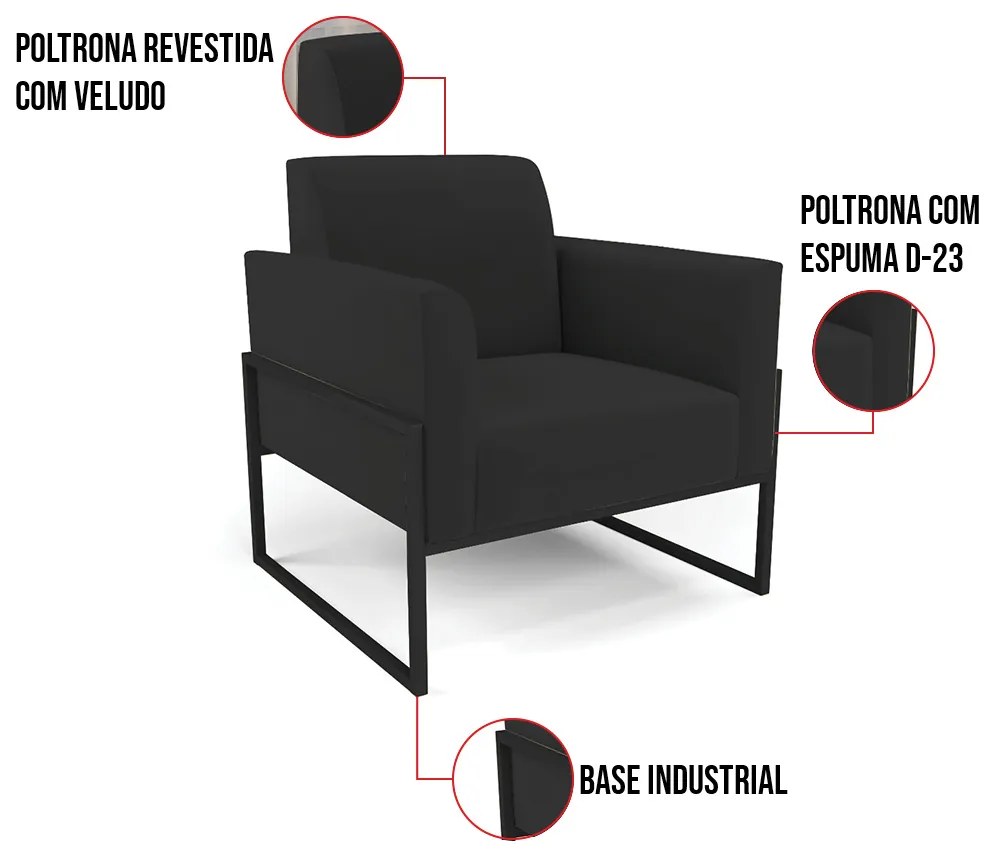 Poltrona Base Industrial Alta Preto Marisa Veludo D03 - D'Rossi - Preto