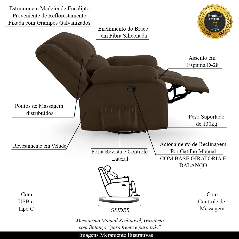 Poltrona do Papai Reclinável Sala de Cinema Madrid Glider Manual Giratória Massagem USB Veludo Marrom G23