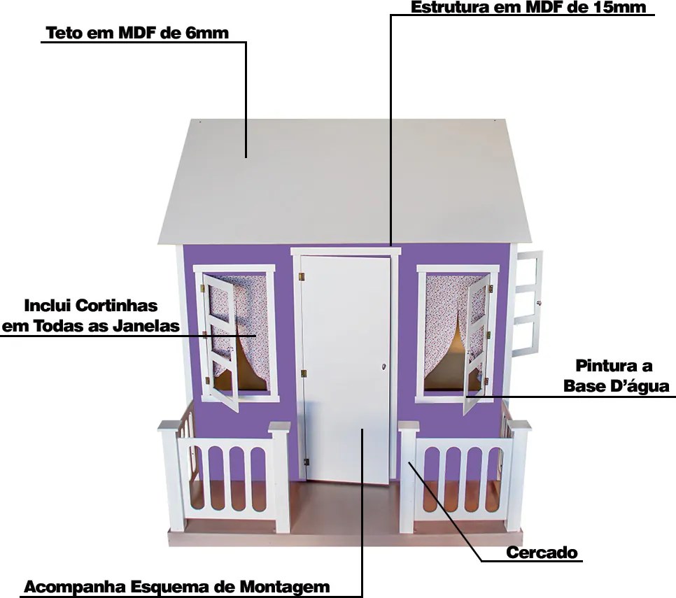 Casinha de Brinquedo com Cercado e Cortinas Roxa/Branco L12 - Gran Belo