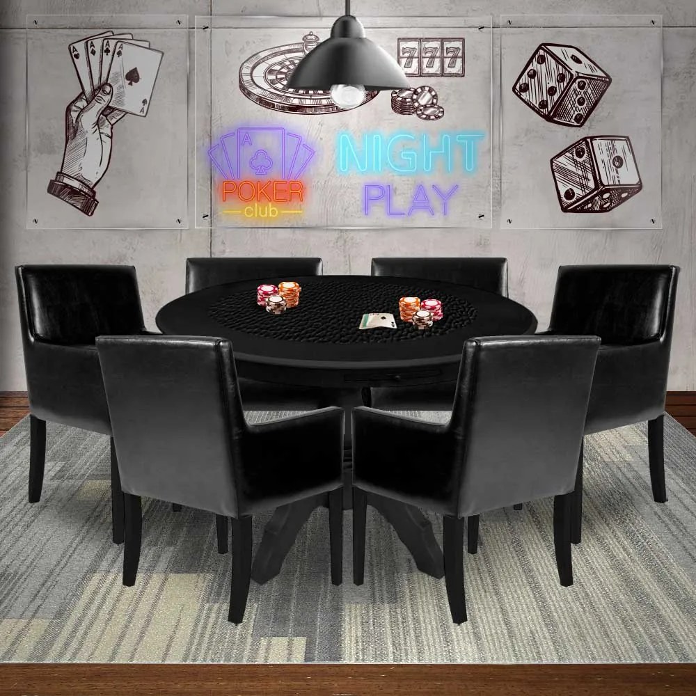 Mesa de Jogos Carteado Montreal Redonda Tampo Reversível Preto com 6 Cadeiras PU Sintético Preto Liso G36 G15 - Gran Belo