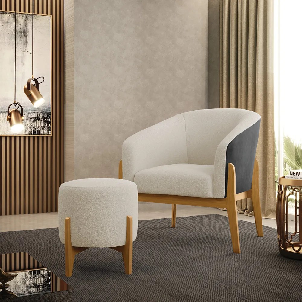 Poltrona e Puff Decorativo Base Madeira Stella PU Preto/Bouclê D03 - D'Rossi - Bege