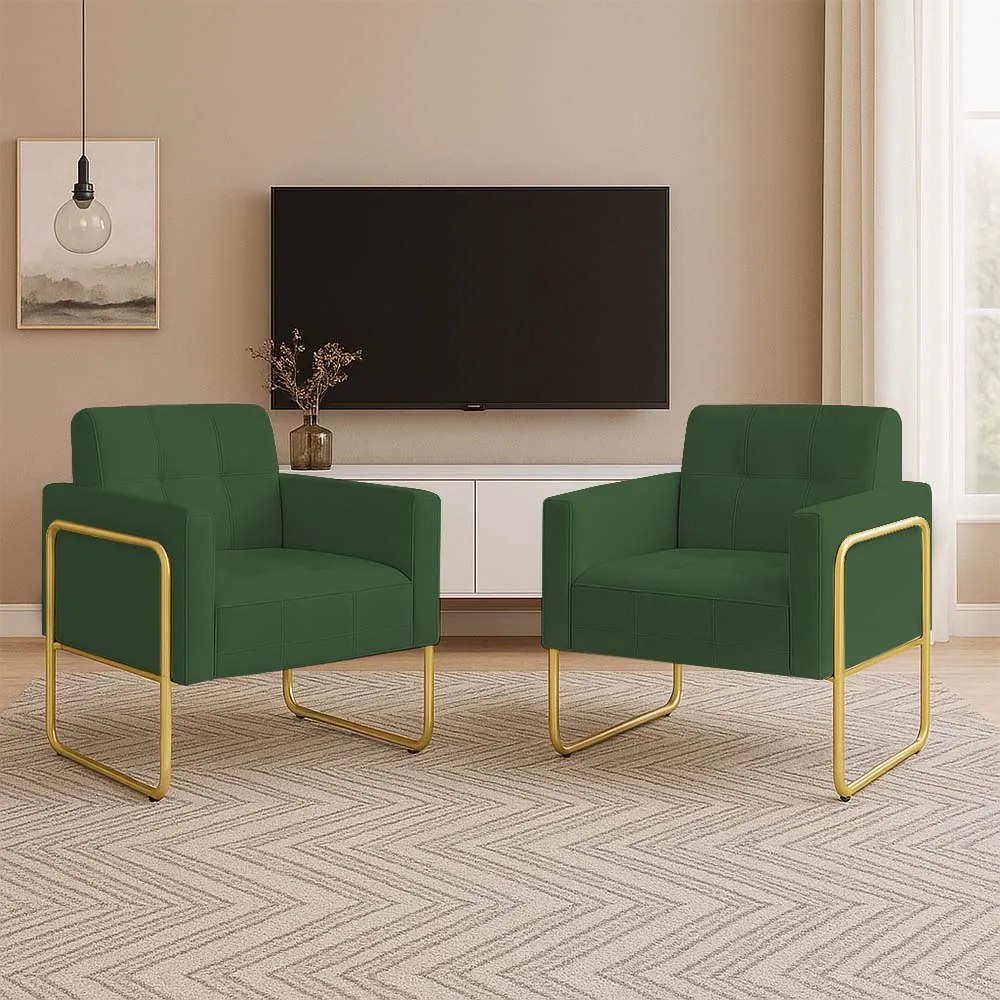 Poltrona Sala Industrial Alta Tubo Dourado Kit 2 Elisa Suede D03 - D'Rossi - Verde