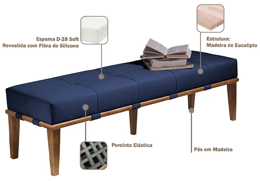 Recamier Decorativo 160cm Martínez Veludo Pés Madeira Azul/Mel G62 - Gran Belo