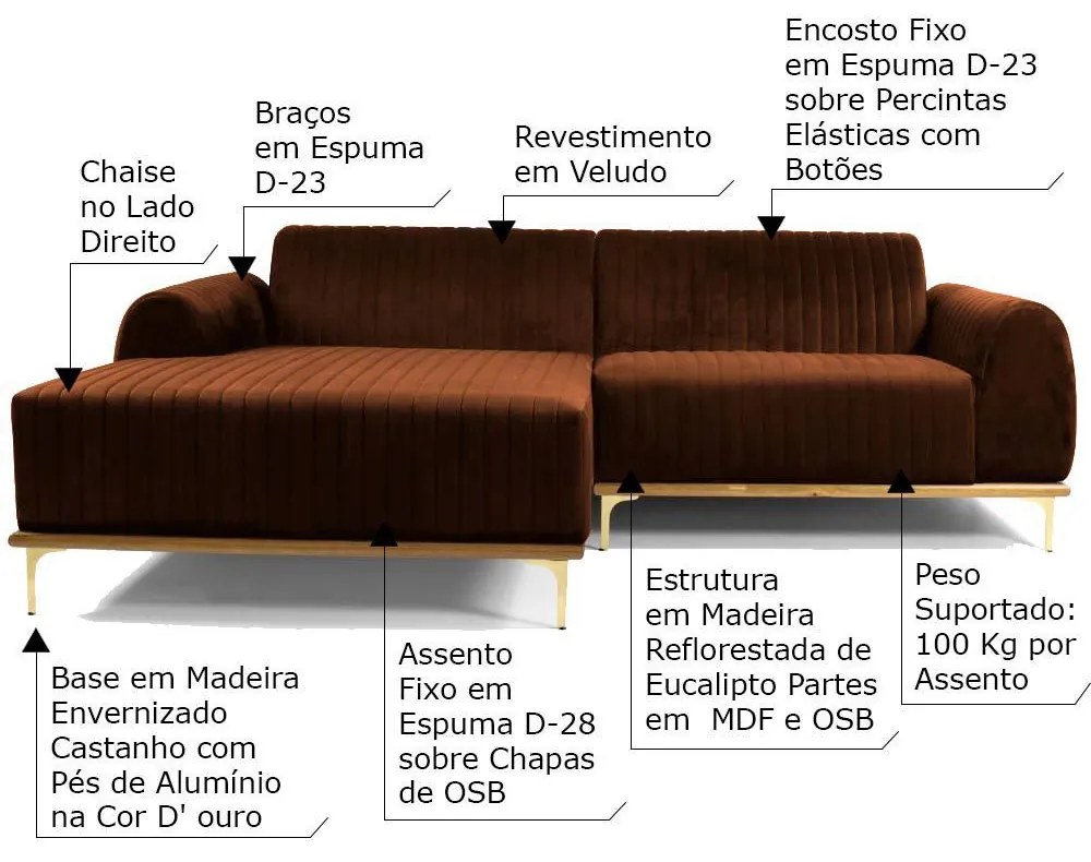 Sofá 3 Lugares Bipartido com Chaise Lado Direito Base de Madeira Euro 245 cm Veludo Telha G15 - Gran Belo