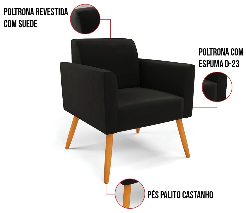 Poltrona Pés Palito Castanho Marisa Suede - Preto