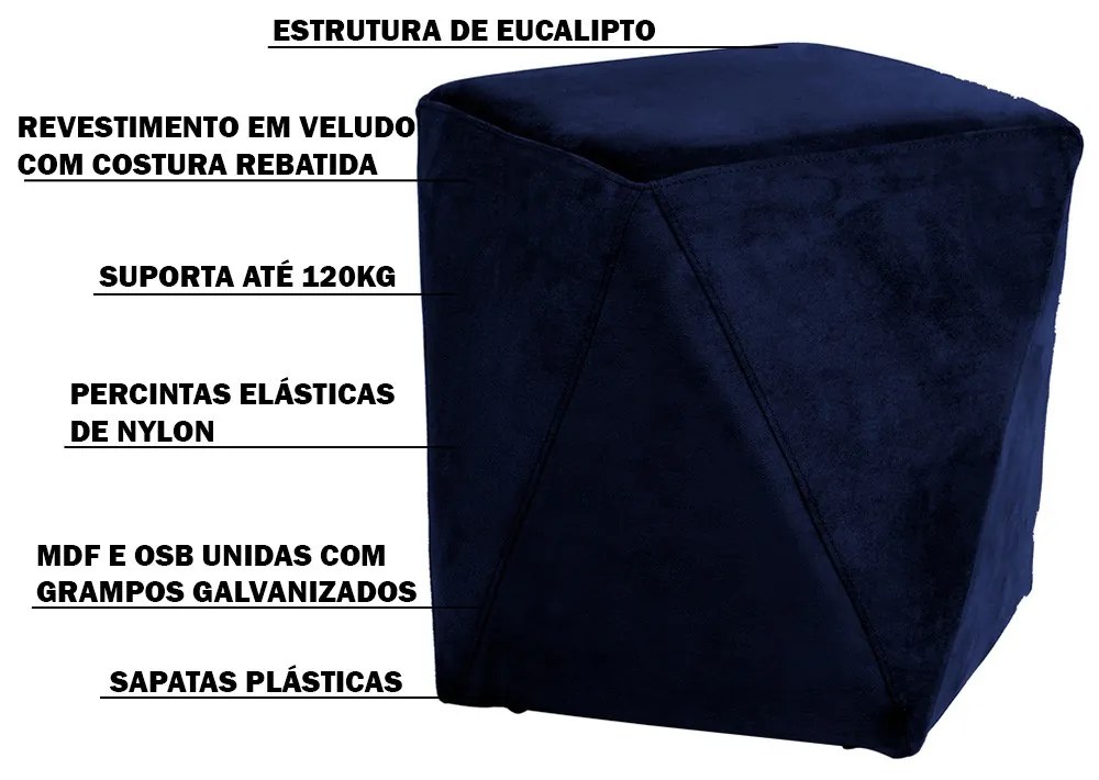 Kit 02 Puffs Decorativo Sala de Estar Blois Veludo Azul Marinho G15 - Gran Belo