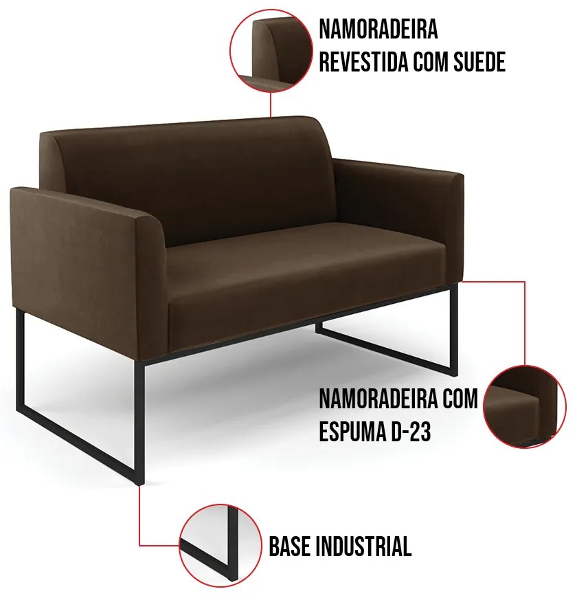 Sofá Namoradeira Base Industrial Preto Marisa Suede Marrom
