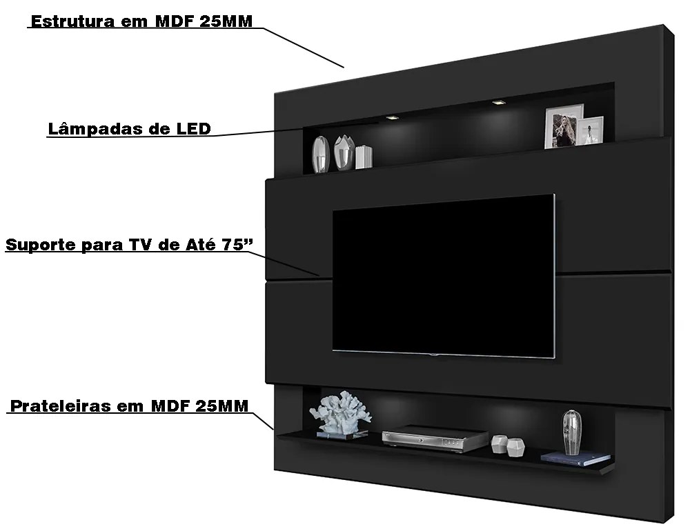 Painel Suspenso Forlán 2,10 cm para TV de até 75'' Preto Fosco G37 - Gran Belo
