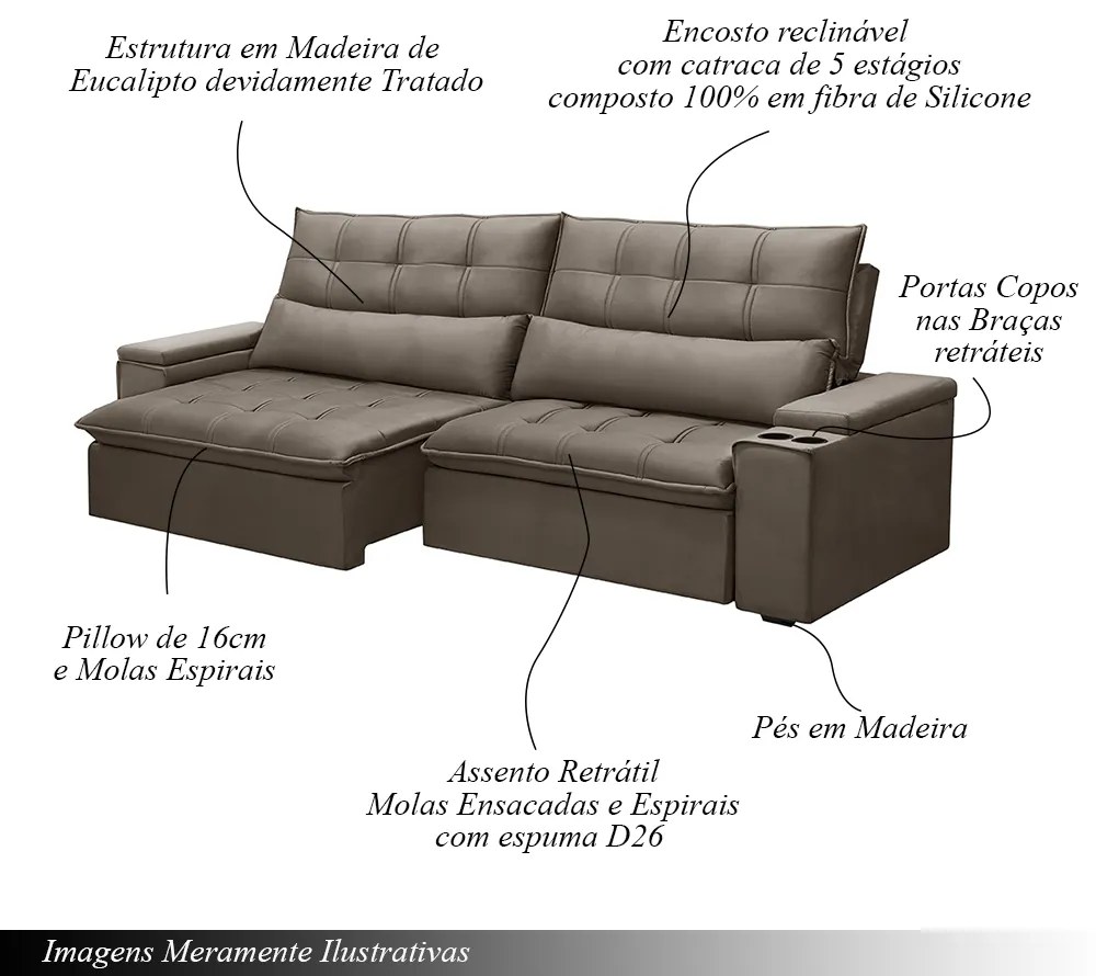 Sofá Retrátil e Reclinável 4 Lugares 250cm Robem Porta Copos no Braço Veludo Castor G22 - Gran Belo